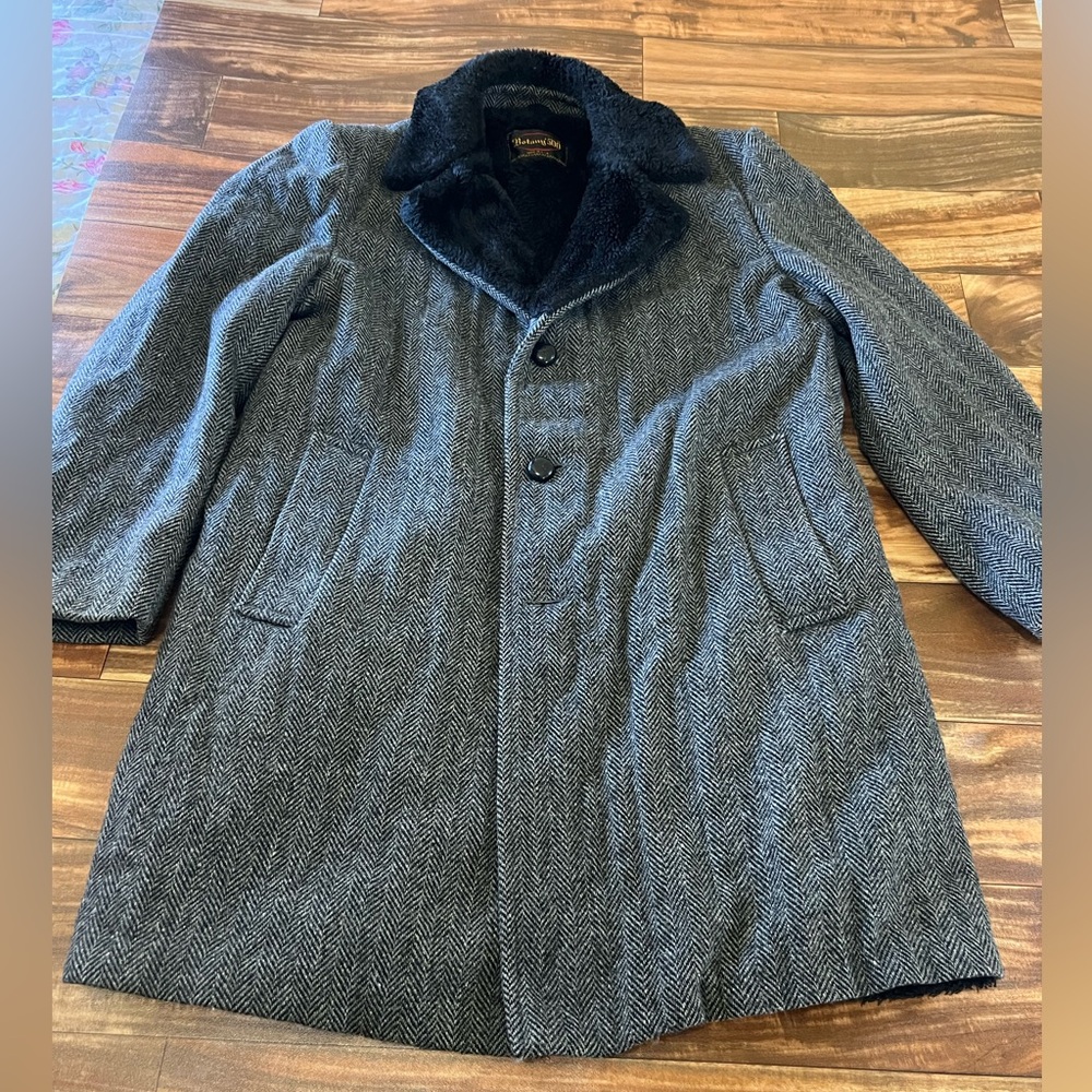 Bontany 500 Wool Coat Men’s Black 40Long Winter  Trench Coat Faux Fur Lined
